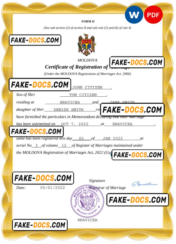 Moldova marriage certificate Word and PDF template, completely editable