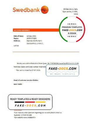 Latvia Swedbank bank account closure reference letter template in Word and PDF format