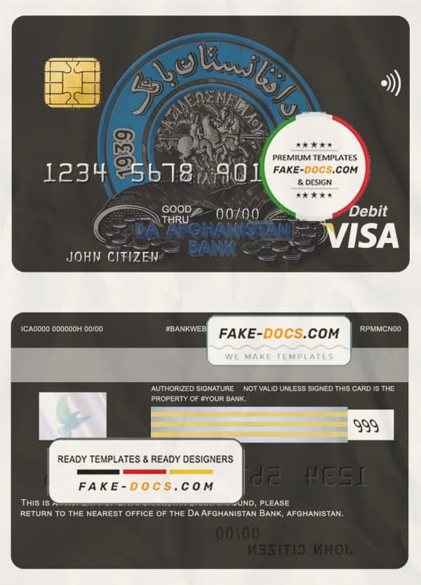 Afghanistan Da bank debit visa card template in PSD format, fully editable