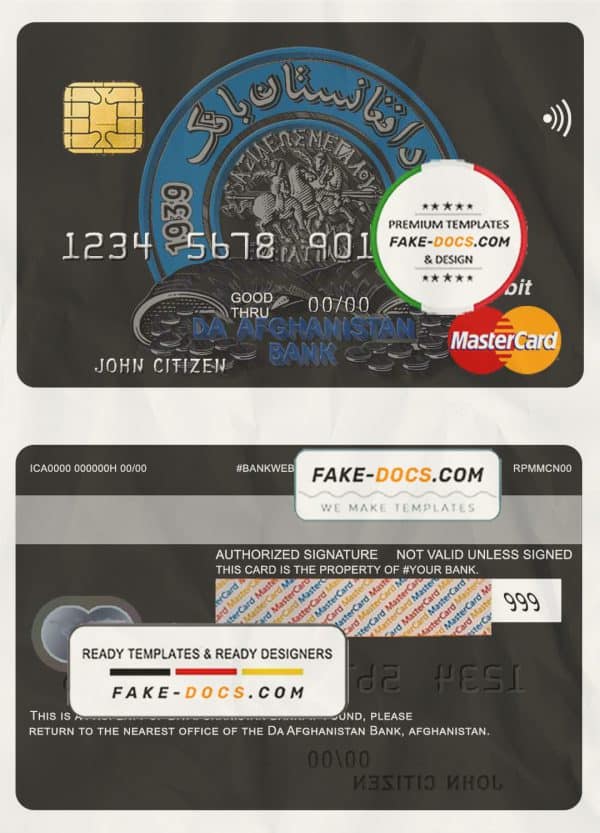Afghanistan Da bank mastercard template in PSD format, fully editable
