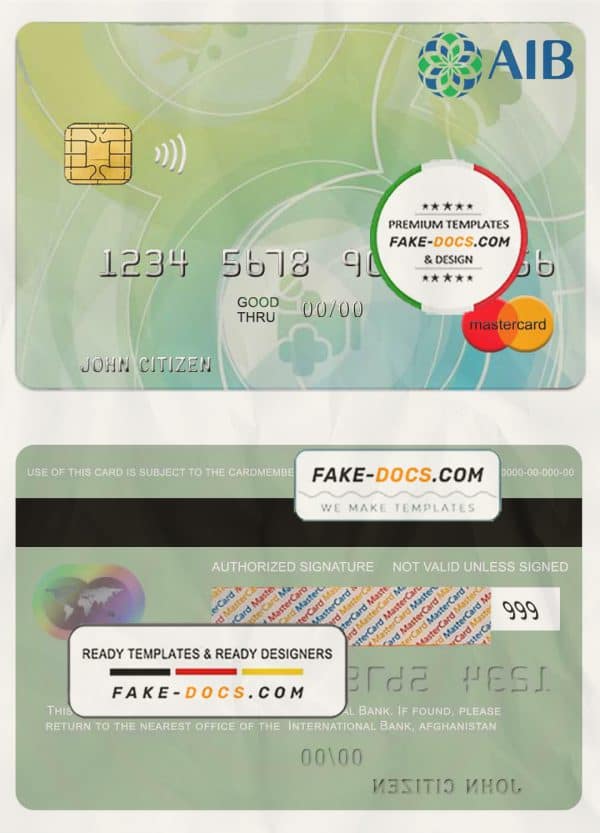 Afghanistan International Bank mastercard template in PSD format, fully editable