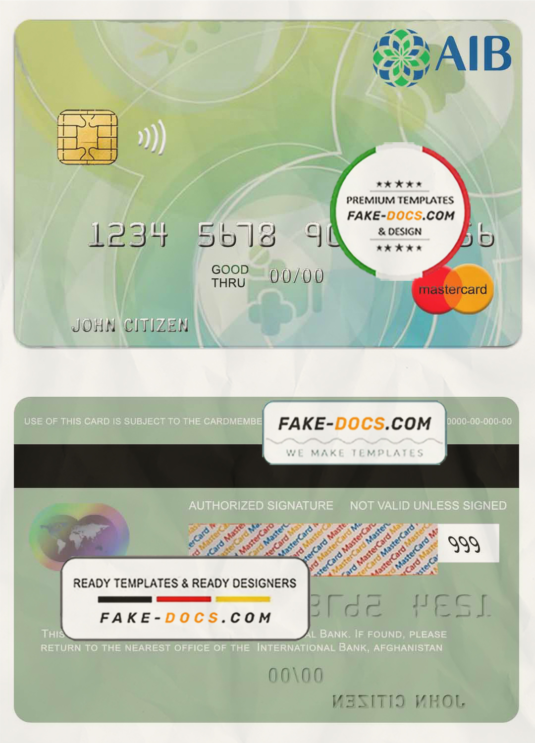 Afghanistan International Bank mastercard template in PSD format, fully editable scan