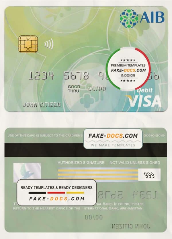 Afghanistan International Bank debit visa card template in PSD format, fully editable