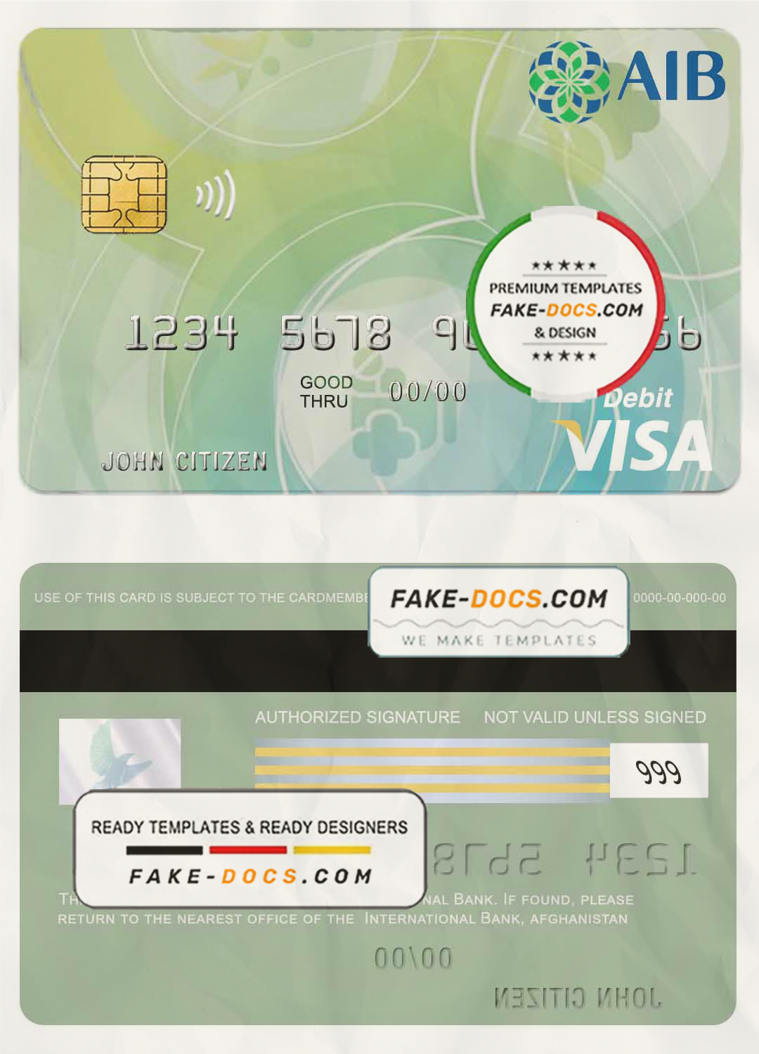 Afghanistan International Bank debit visa card template in PSD format, fully editable scan