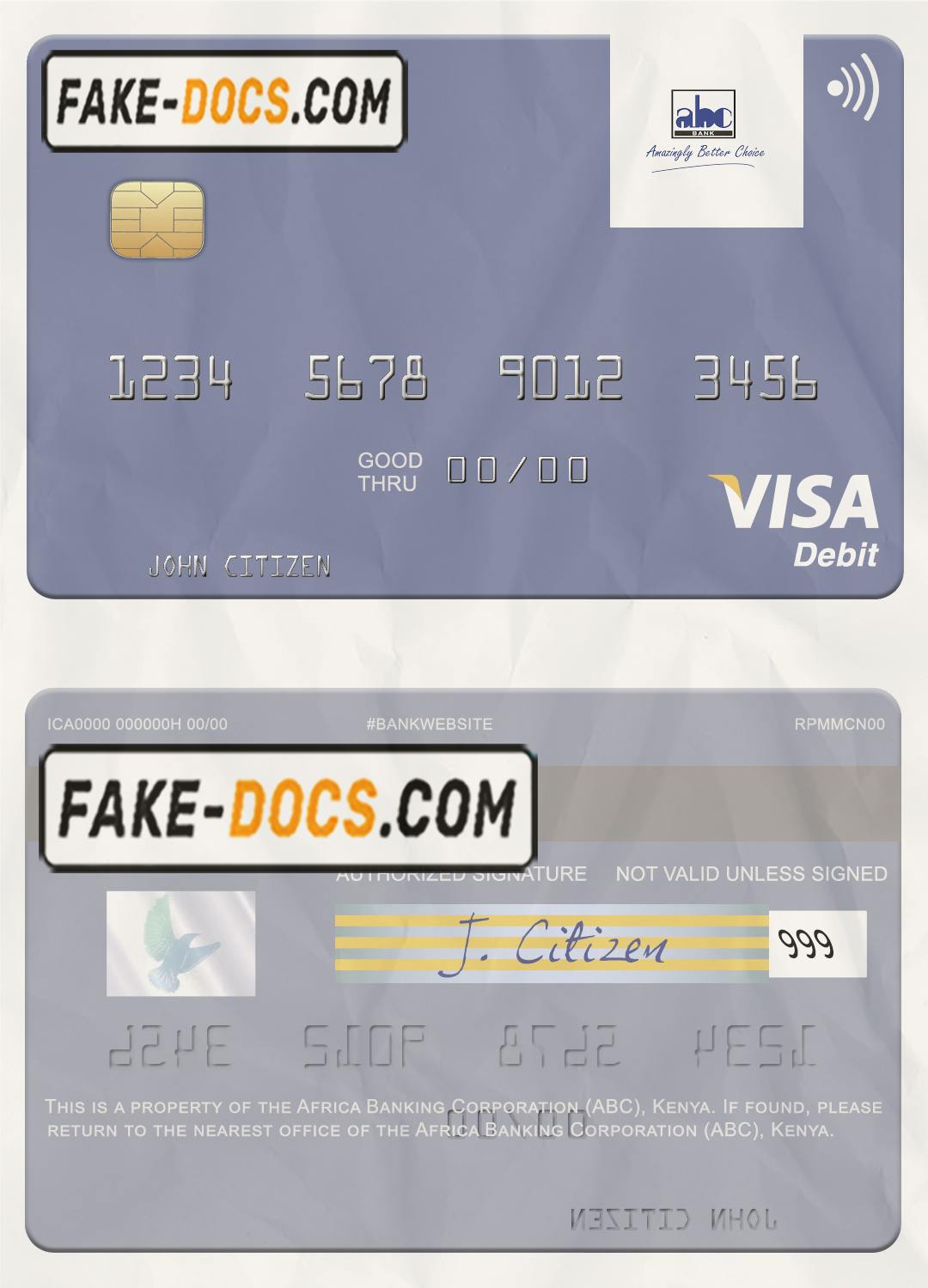 Africa Banking Corporation (ABC) Kenya visa card fully editable template in PSD format scan