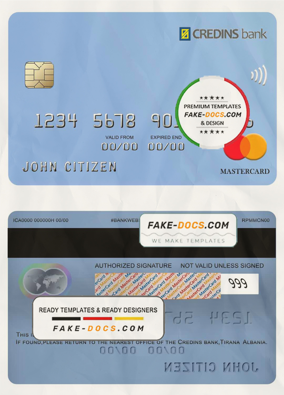 Albania Credins bank mastercard template in PSD format, fully editable scan