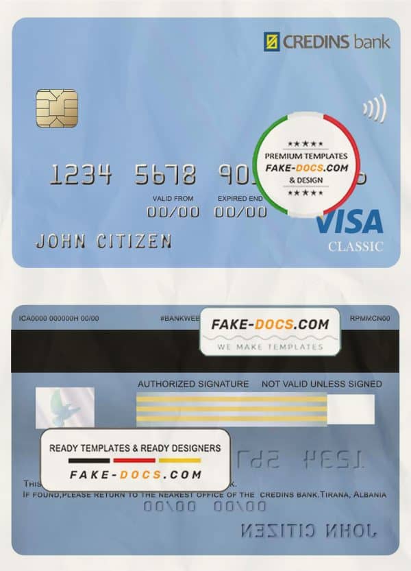 Albania Credins bank visa debit card template in PSD format, fully editable