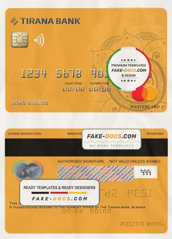 Albania Tirana bank mastercard template in PSD format, fully editable