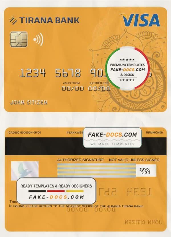 Albania Tirana bank visa card template in PSD format, fully editable