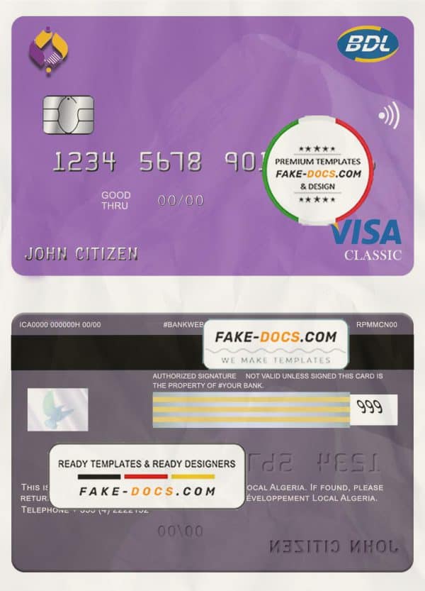 Algeria Banque de developement visa card template in PSD format, fully editable