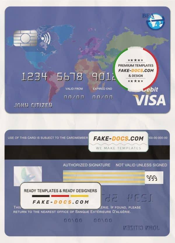 Algeria banque extérieure visa card template in PSD format, fully editable