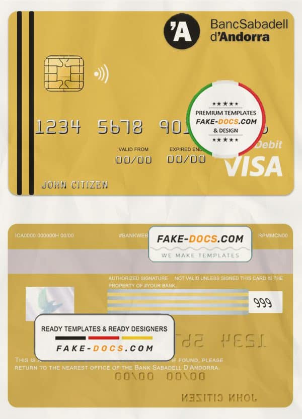 Andorra Bank Sabadell visa card debit card template in PSD format, fully editable