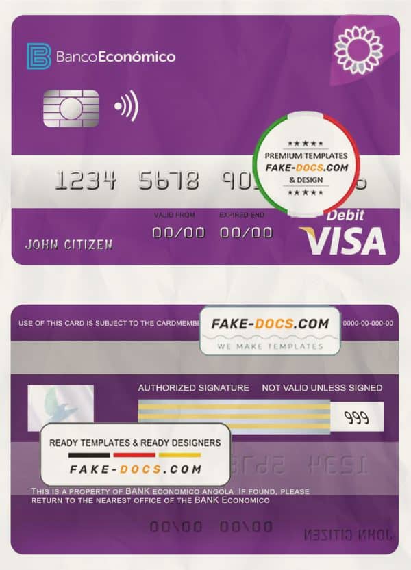 Angola Bank Economio visa debit card template in PSD format