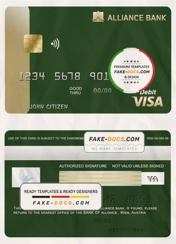 Austria Alliance bank visa card template in PSD format, fully editable