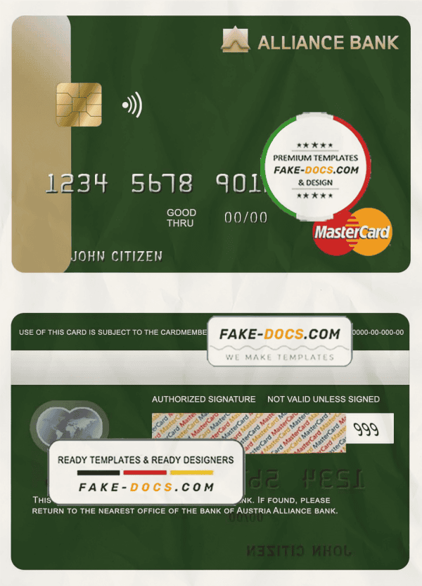 Austria Alliance bank mastercard template in PSD format, fully editable
