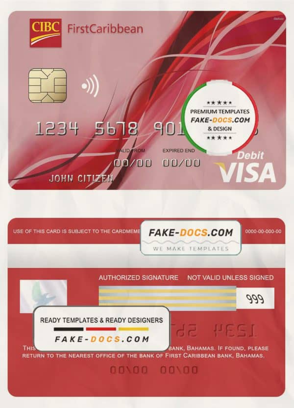 Bahamas First Caribbean bank visa debit card template in PSD format, fully editable