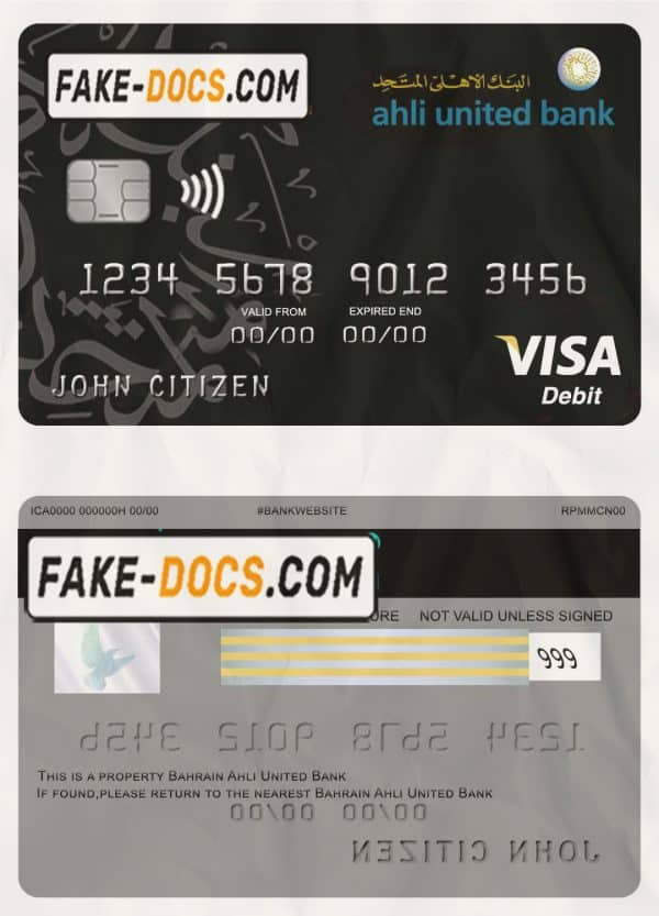 Bahrain Ahli United bank visa card template in PSD format, fully editable