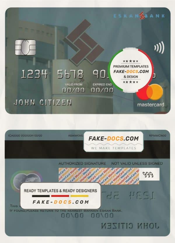 Bahrain Eskan bank mastercard template in PSD format, fully editable