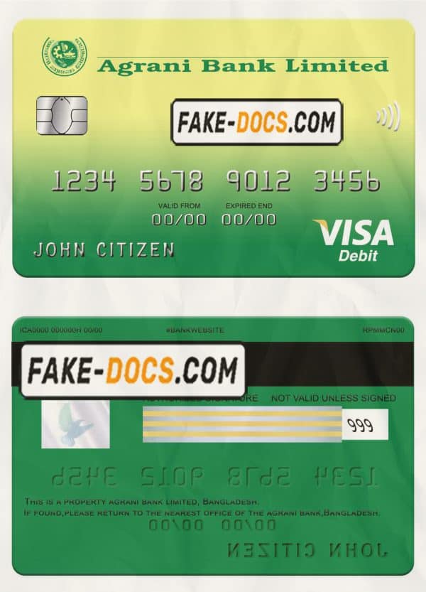 Bangladesh Agrani bank visa card template in PSD format, fully editable