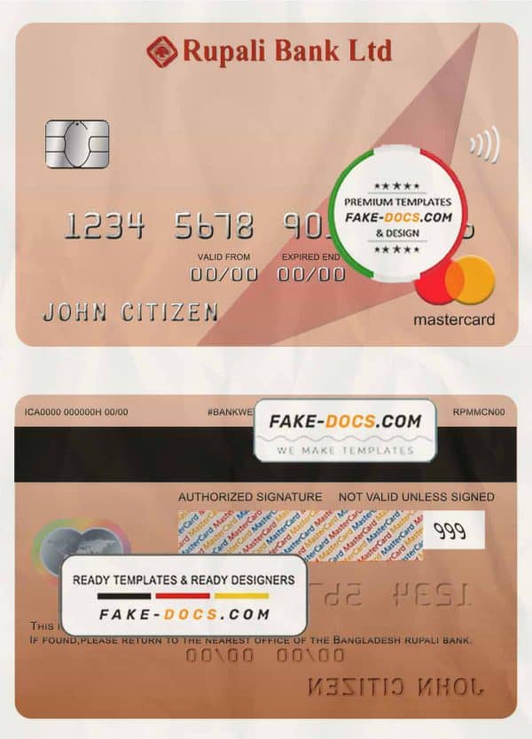 Bangladesh Rupali bank mastercard template in PSD format, fully editable