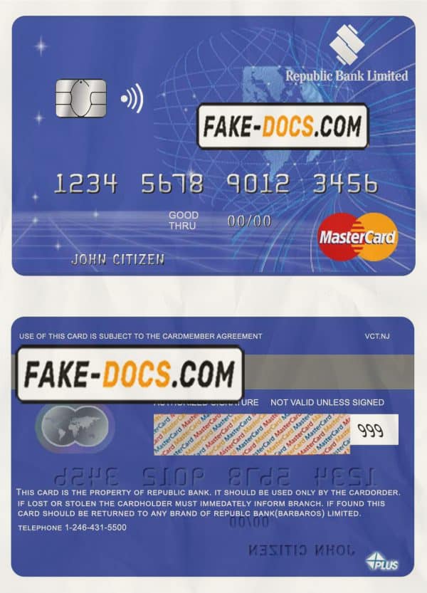 Barbados Republic Bank mastercard template in PSD format, fully editable