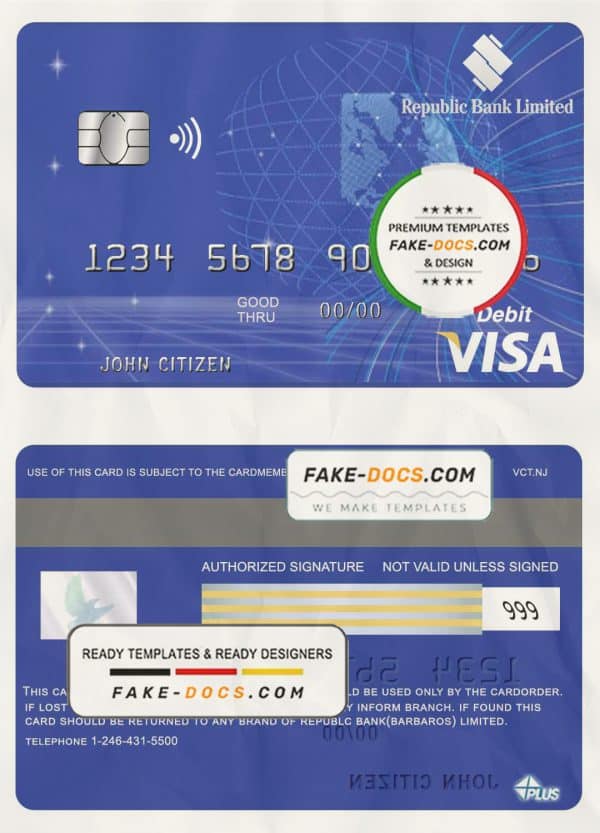 Barbados Republic Bank visa card template in PSD format, fully editable