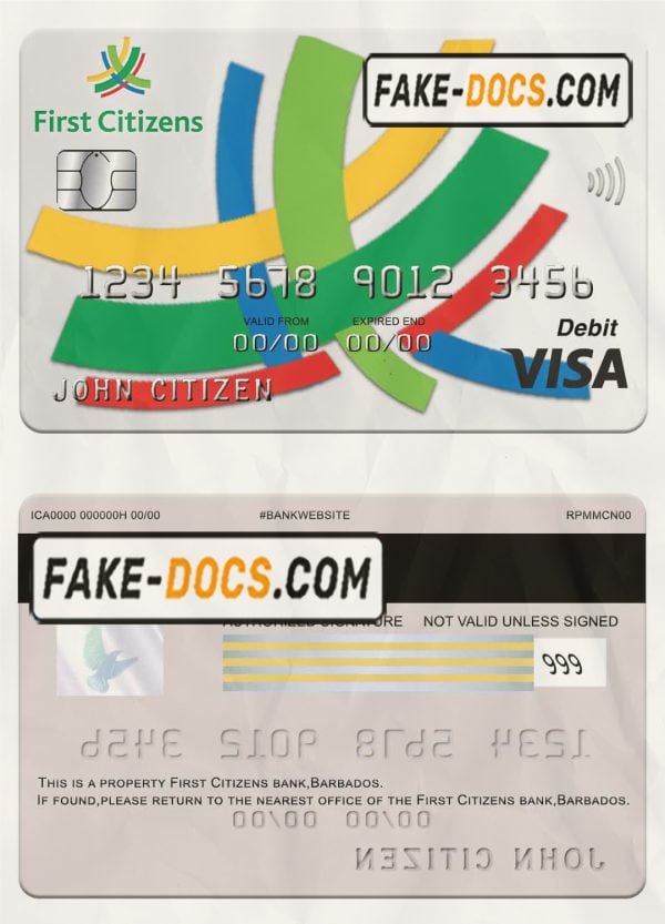 Barbados first Citizens bank visa card template in PSD format, fully editable