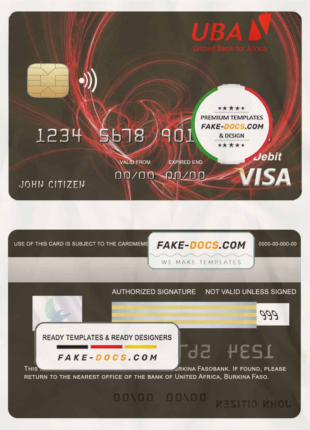 Burkina Faso United bank for Africa visa credit card template in PSD format, fully editable Burkina Faso United bank for Africa visa credit card template in PSD format, fully editable