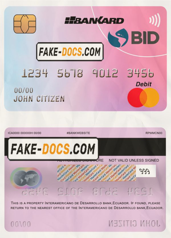 Ecuador Banco Interamericano de Desarrollo BID bank mastercard debit card template in PSD format, fully editable scan
