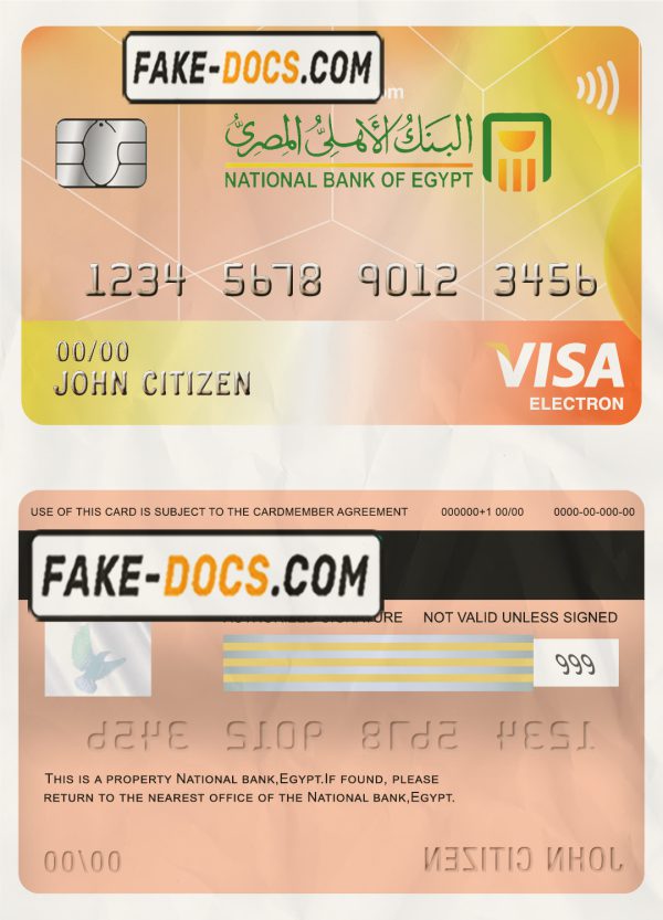 Egypt National Bank visa electron card template in PSD format, fully editable scan