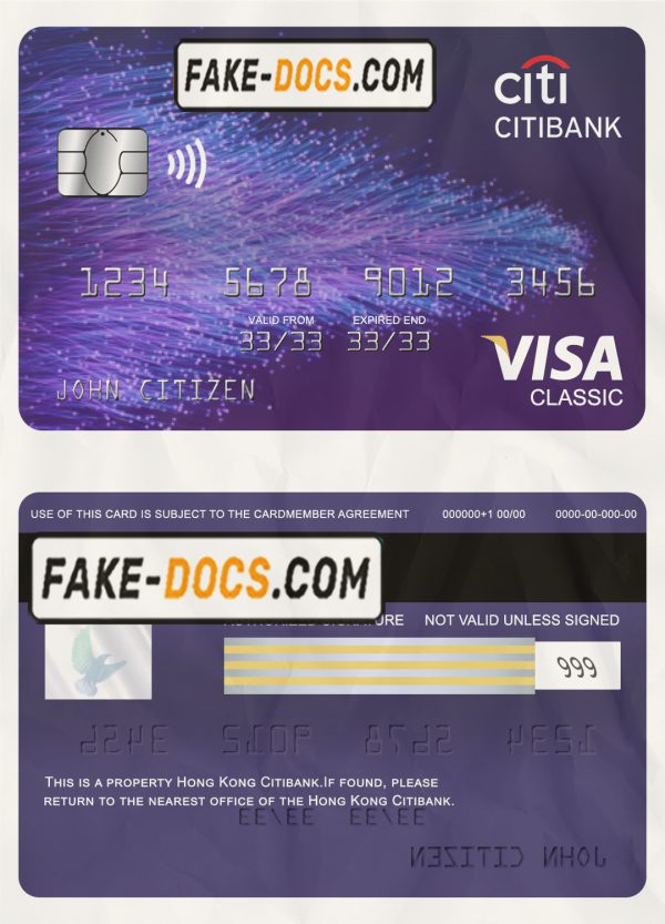 Hong Kong Citibank visa classic card template in PSD format, fully editable scan