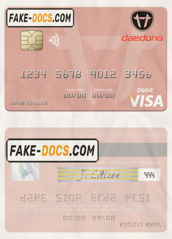 North Korea Daedong Credit Bank visa debit card, fully editable template in PSD format scan