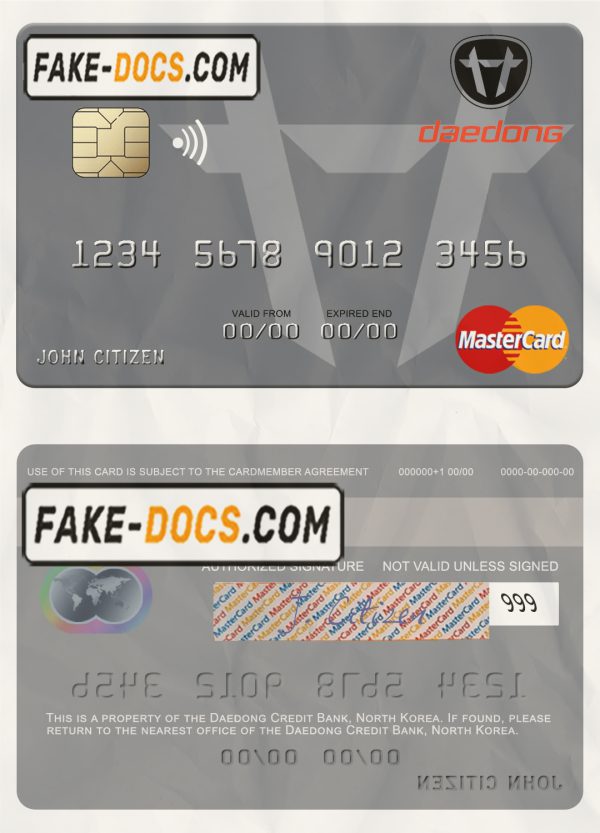 North Korea Daedong Credit Bank mastercard, fully editable template in PSD format scan