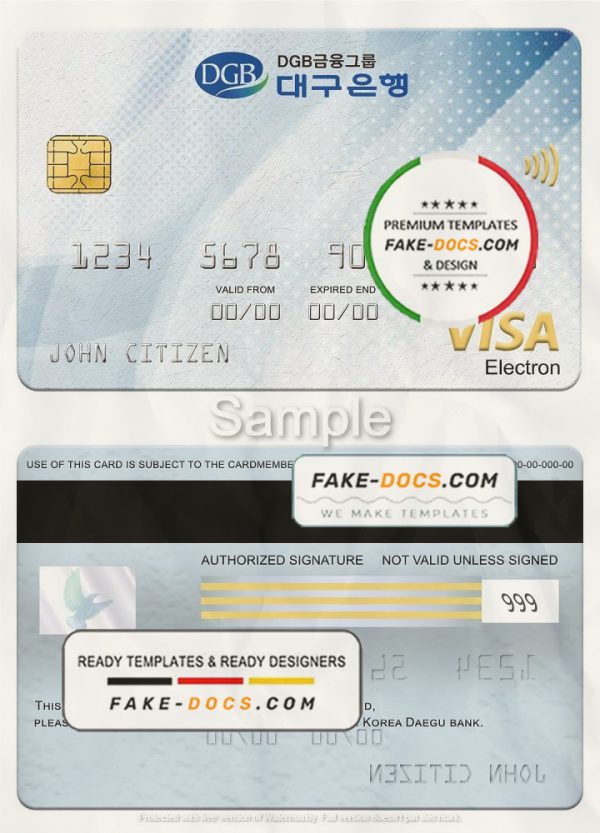 South Korea Daegu bank visa electron card, fully editable template in PSD format scan