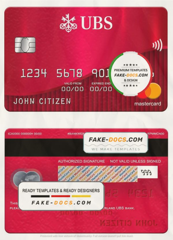 Switzerland UBS bank mastercard, fully editable template in PSD format scan