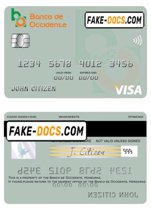 Honduras Banco de Occidente visa card template in PSD format, fully editable