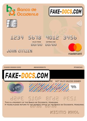 Honduras Banco de Occidente mastercard template in PSD format, fully editable