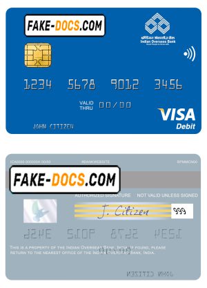 India Indian Overseas Bank visa card template in PSD format, fully editable
