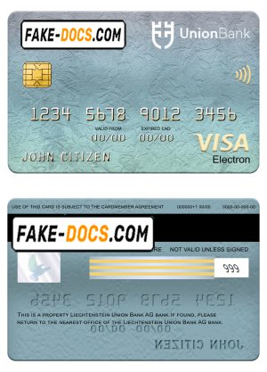 Liechtenstein Union bank visa electron card, fully editable template in PSD format