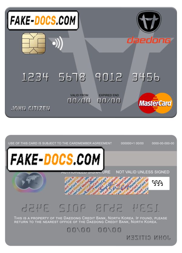 North Korea Daedong Credit Bank mastercard, fully editable template in PSD format