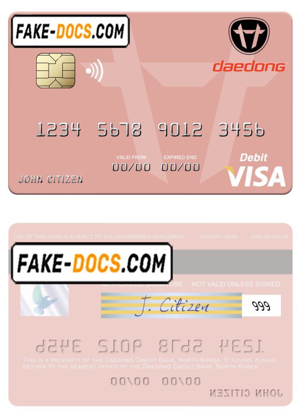 North Korea Daedong Credit Bank visa debit card, fully editable template in PSD format