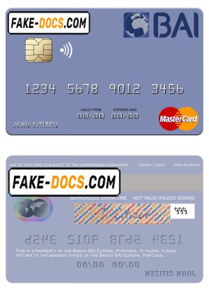Portugal Banco BAI Europa mastercard, fully editable template in PSD format