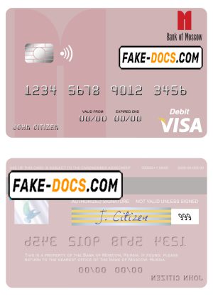 Russia Bank of Moscow visa debit card, fully editable template in PSD format