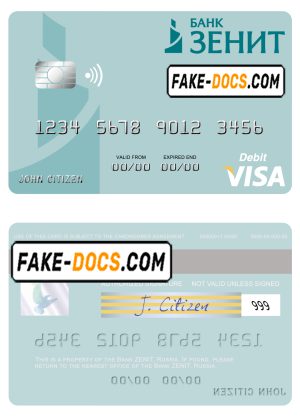 Russia Bank ZENIT visa debit card, fully editable template in PSD format
