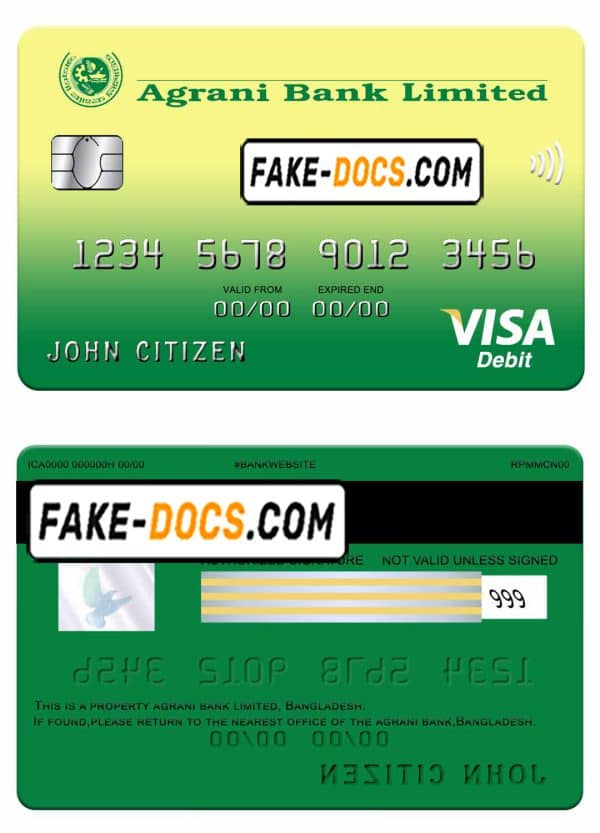 Bangladesh Agrani bank visa card template in PSD format, fully editable