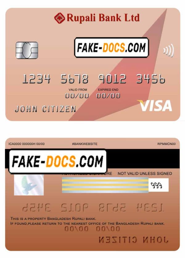 Bangladesh Rupali bank visa card template in PSD format, fully editable