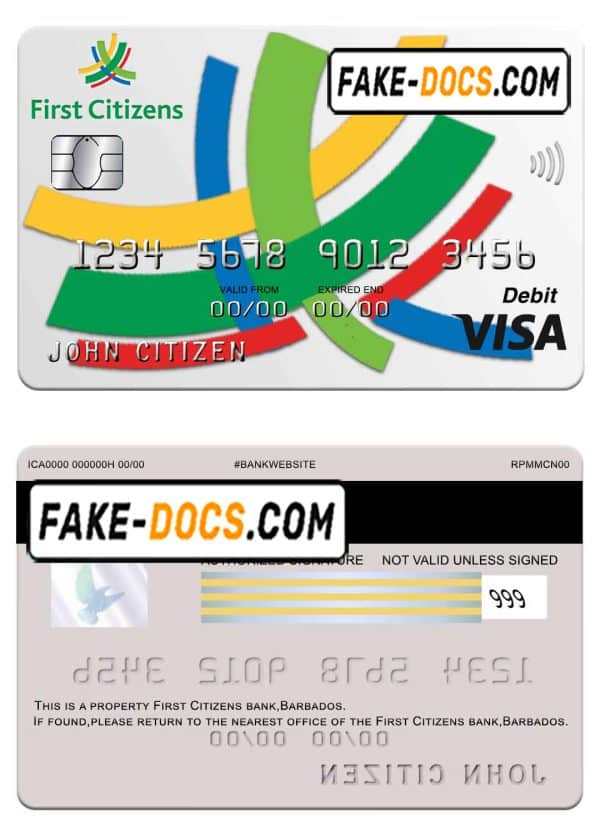 Barbados first Citizens bank visa card template in PSD format, fully editable