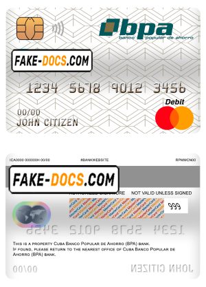 Cuba Banco Popular de Ahorro (BPA) bank mastercard debit card template in PSD format, fully editable
