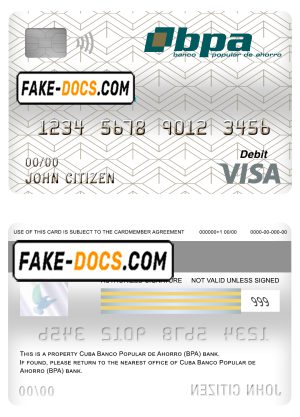 Cuba Banco Popular de Ahorro (BPA) bank visa card debit card template in PSD format, fully editable