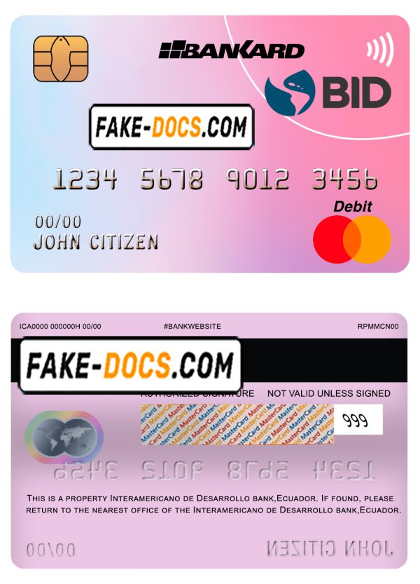 Ecuador Banco Interamericano de Desarrollo BID bank mastercard debit card template in PSD format, fully editable
